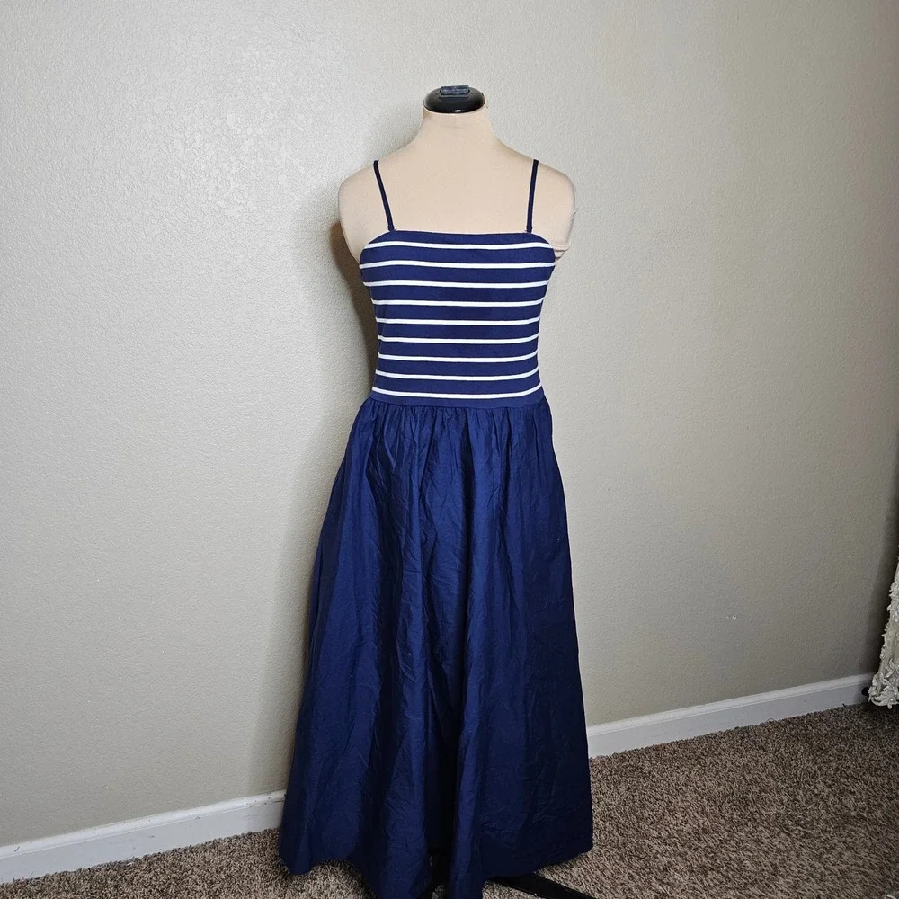 J.Crew Mixed-media Midi Dress Navy Blue White Striped Size Medium